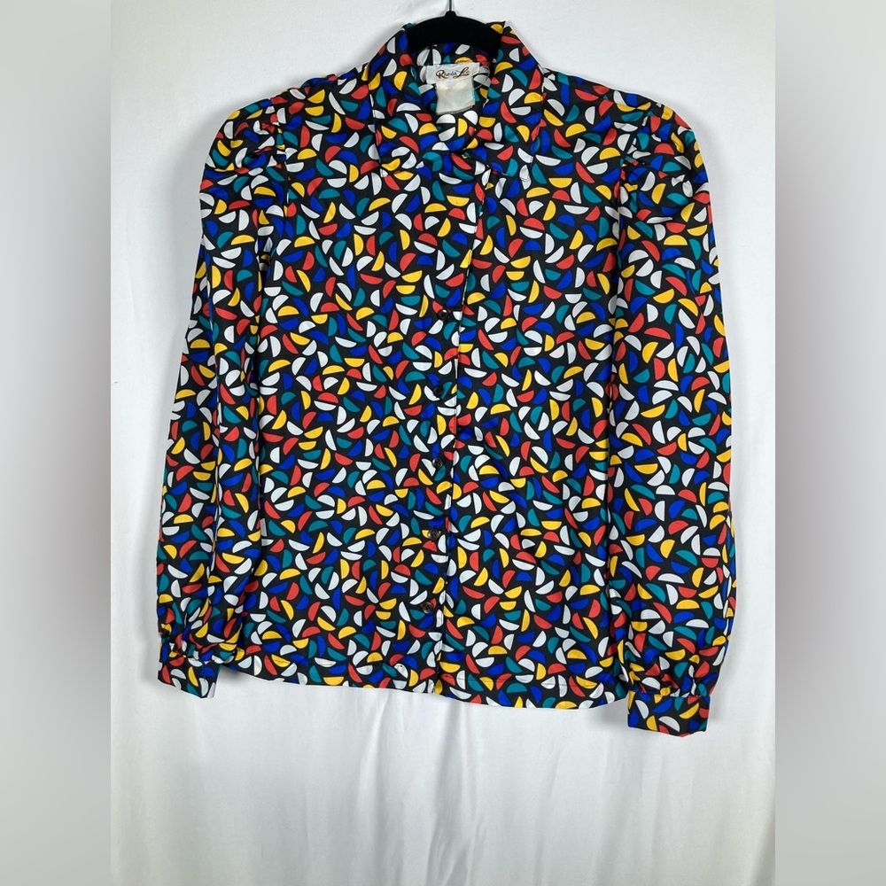 Vintage Rhoda Lee Vibrant Geometric Design Blouse Sz Sm Maximalist Bright